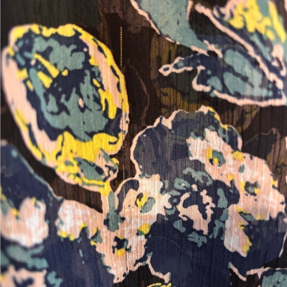 Fun 2 Fun Navy Teal Flutter Sleeve V-Neck Sheer Floral Boho Blouse Size Small - Picture 9 of 11